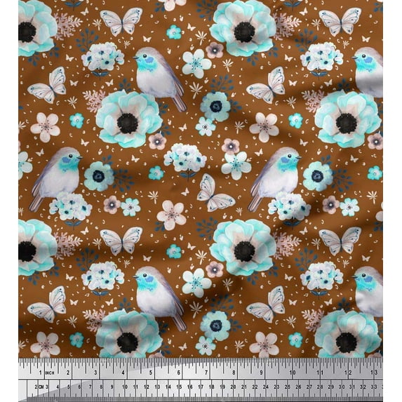 Soimoi Polyester Crepe Fabric Robin,Butterfly & Anemone Floral Printed Craft Fabric by The Yard 42 Inch Wide