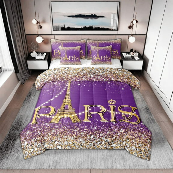 Eiffel Tower Comforter Set Full Women,Glitter Purple Golden Sequins Bed in A Bag,(Not Real)Diamond Bedding Sets,Girly Paris Reversible Bed Sets with Sheet Set