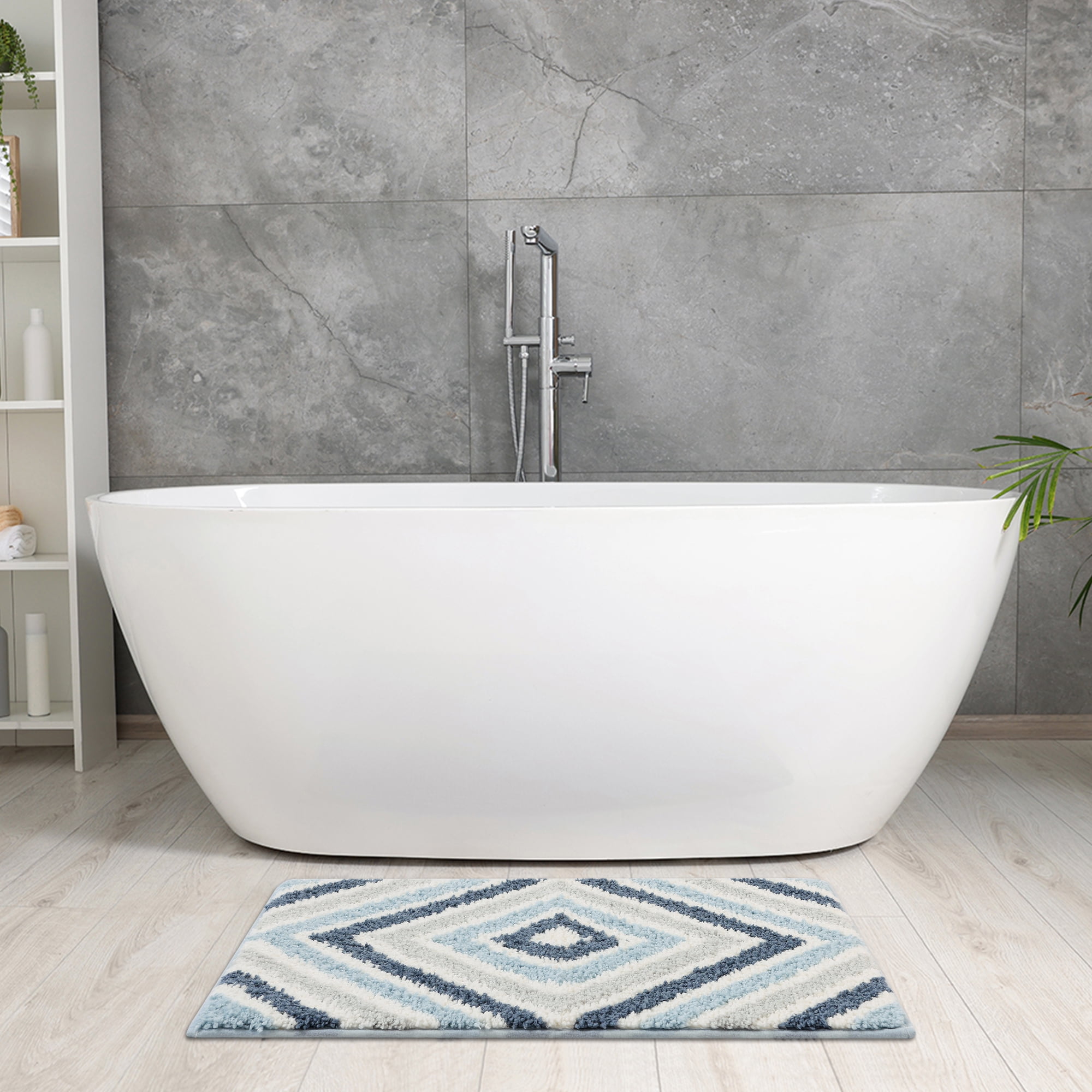 Unique Bargains Geometric Pattern Bathroom Rugs Bath Mats Quick Dry and Non Slip Bath Rug Blue 16" x 24"