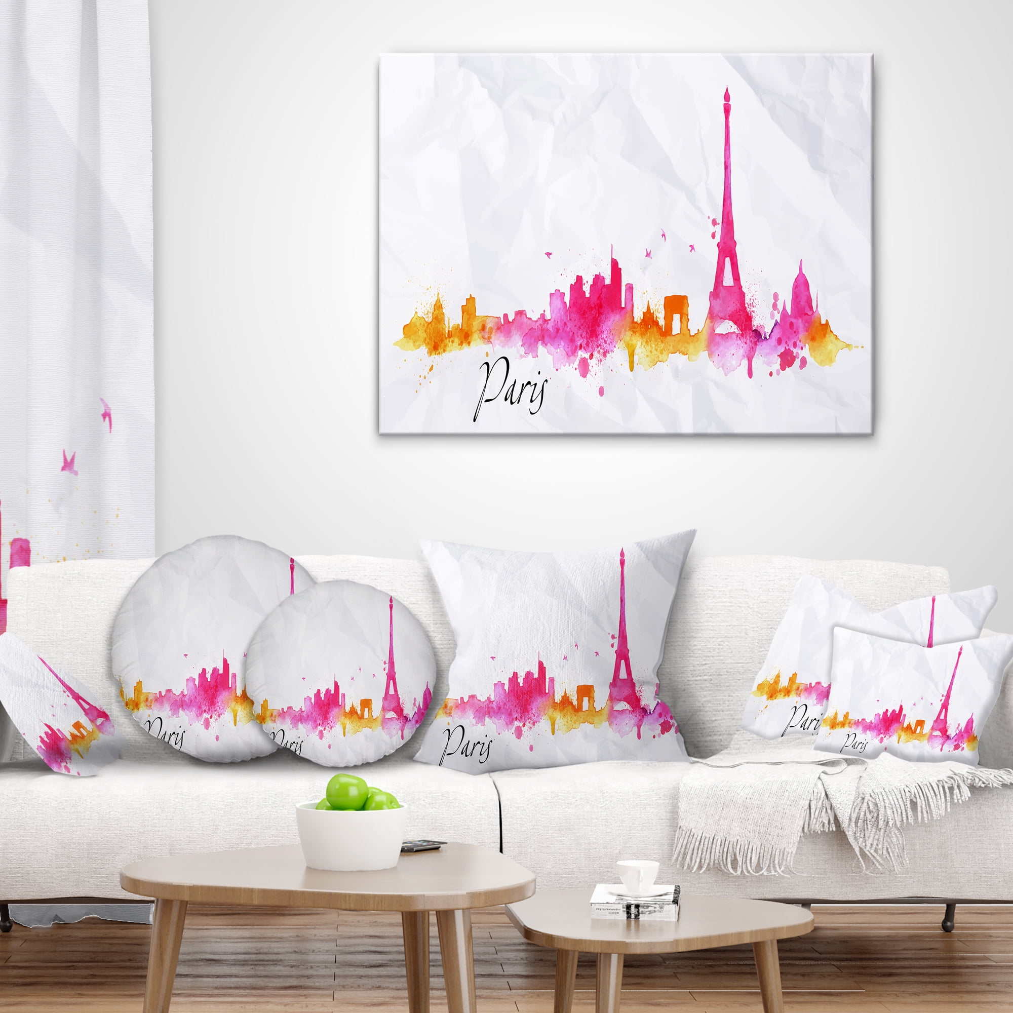 Designart Paris Pink Silhouette - Cityscape Painting Throw Pillow - 16x16