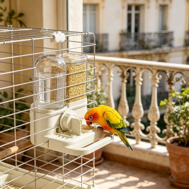 Bebedero y comedero 2 en 1 para jaula de pájaros: dispensador automático de agua con válvula de bola antigoteo, bandeja de comida desmontable y botella de agua transparente para aves domésticas.