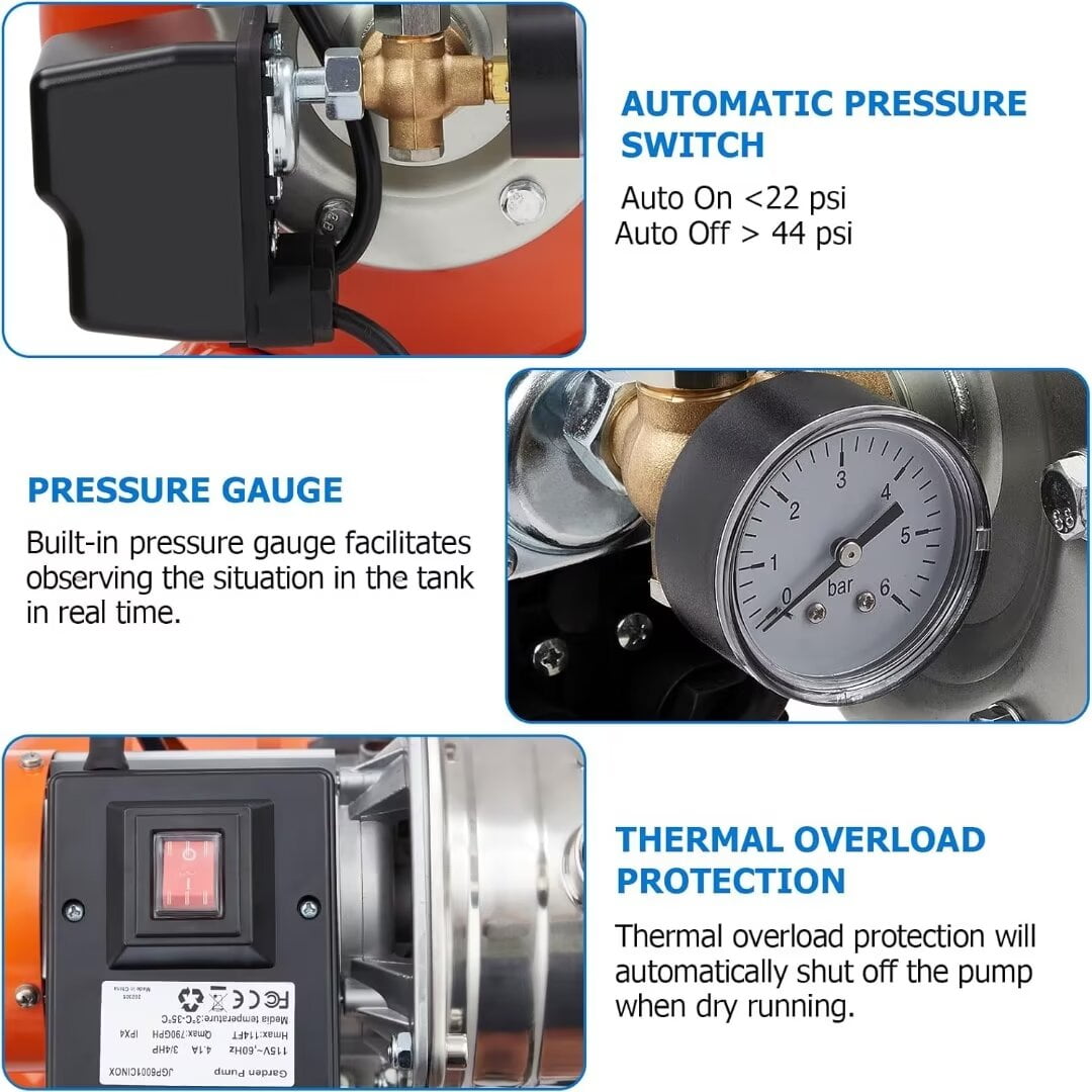 1.6HP Shallow Well Pump with Pressure Tank, 115V Irrigation Pump, Stainless Steel Automatic Water Booster Jet Pump for Home, Garden