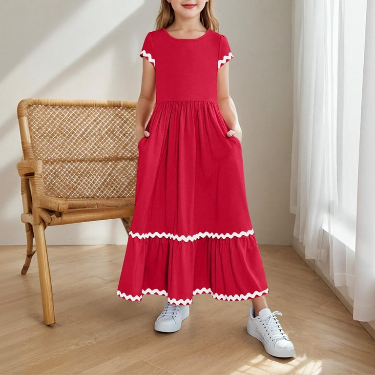 BRGZLK Girls Summer Maxi Dresses Cute Solid Color Short Sleeve Round Neck  Casual Flowy Tiered Sundress with Pockets Red 7-8 Years - Walmart.com