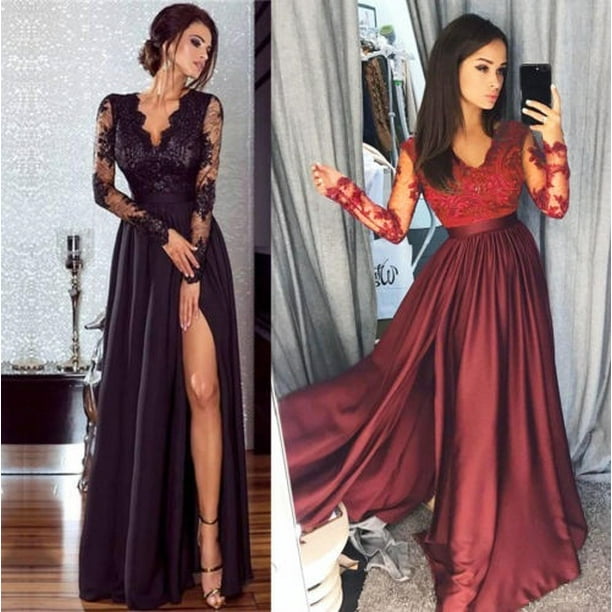 New Elegant Women Ladies Fashion Long Sleeve Formal Dress Deep-V Evening  Party Ball Prom Gown Dress Lace Long Maxi Dress 