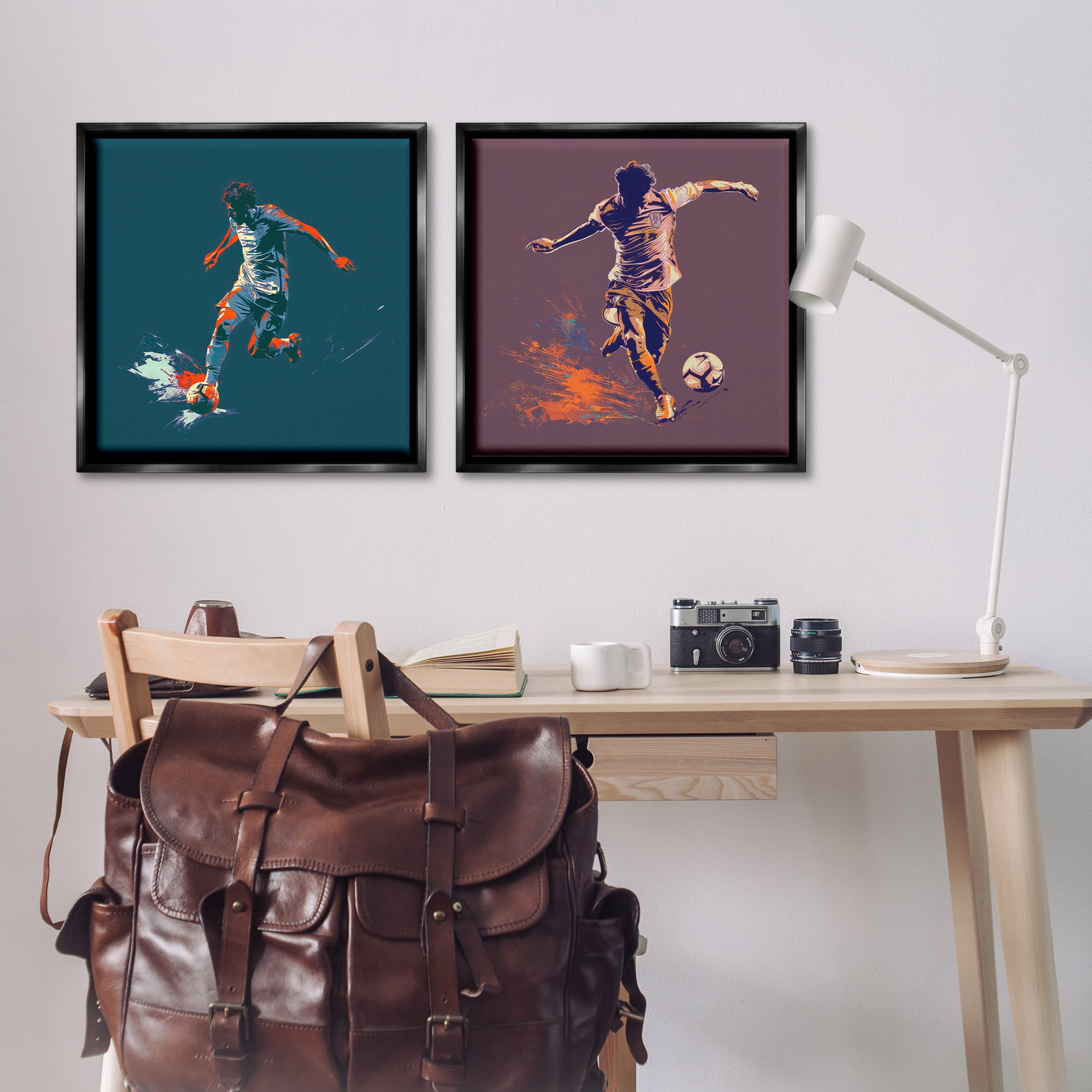 Stupell Industries Kicking Soccer Ball Goal Sports Painting Black Floater Framed Canvas Art Print Wall Art, 25 x 25, Set of 2
