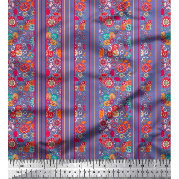 Soimoi Poly Georgette Fabric Stripe,Leaves & Floral Decorative Fabric Prints by Yard 42 Inch Wide