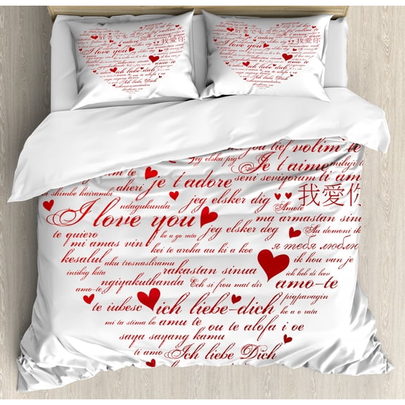 I Love You Duvet Cover Set King Size, Love Words in Various Language Universal Wedding Engaged Flirt Partners Print, Decorative 3 Piece Bedding Set with 2 Pillow Shams, Red White, by Ambesonne