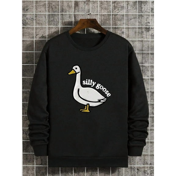 Silly Goose Print Crew Neck Fleece Sweatshirt Warm Pullover For Men Solid Color Sweatshirts For Winter Fall Long Sleeve Tops