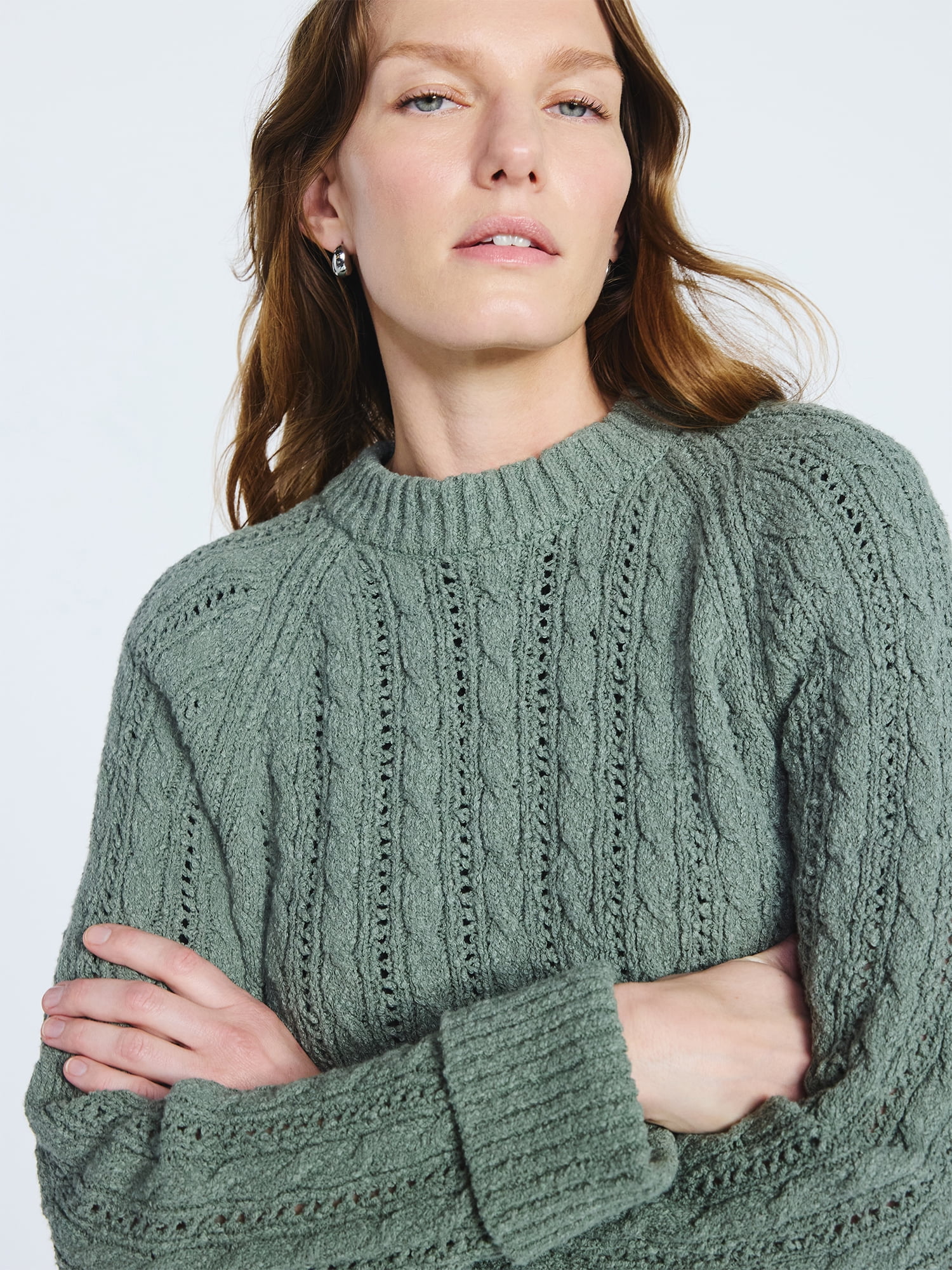 Scoop Women's and Women's Plus Cable Knit Raglan Sweater, Midweight, Sizes XS-XXL