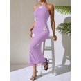 thumbnail image 5 of Lilac Purple Floral Embellished Halter Neck Fitted Sleeveless Midi Dress With Tassel Hem, 5 of 6