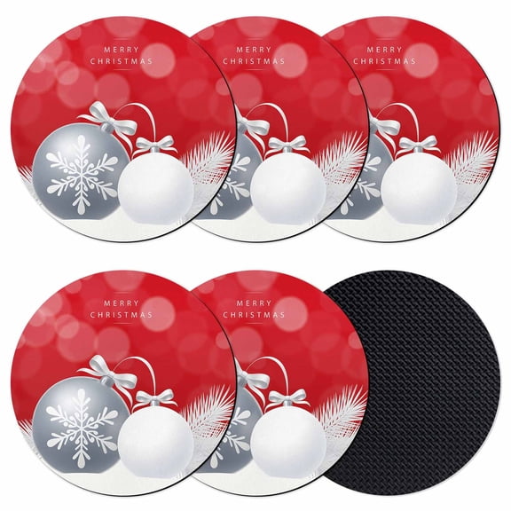 Red Christmas Coasters Set of 6, Absorbent Coasters for Drinks, Xmas Balls Pine Needles Snowflakes Winter Coaster for Desk Coffee Table Protection, Home Decor House Warming Gifts 4"