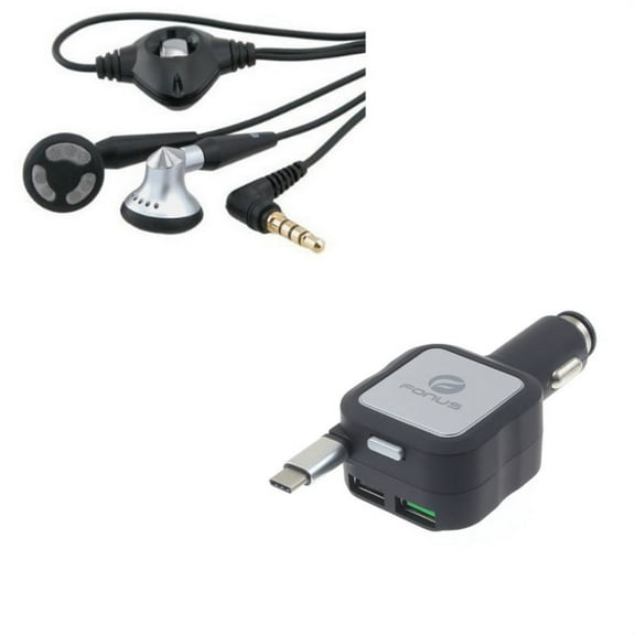 Retractable Car Charger w Headphones Wired Earphones M1A for Acer Liquid Jade Primo - Alcatel PulseMix, 7, Idol 5S 5 4S - ASUS Zenfone V Live, ROG Phone, AR 5z 4 Pro - Blackberry Key2, KEYone