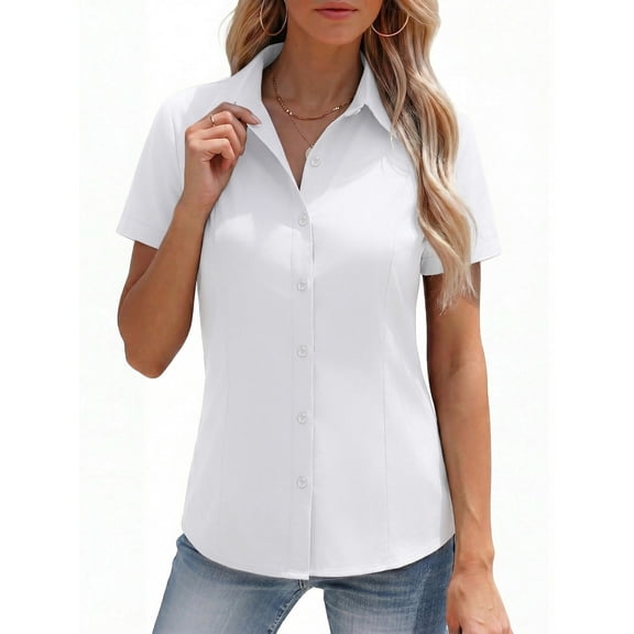 MOYIKO Womens Button Down Shirts Stretch Short Sleeve Dress Shirts Business Work Fitted Collared Office Basic Blouse