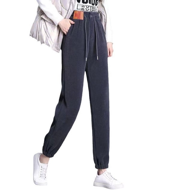 Pantalones de pana sin forro polar para mujer, pantalones de cintura alta de primavera, pantalones harén casuales adelgazantes versátiles con cordones en los tobillos