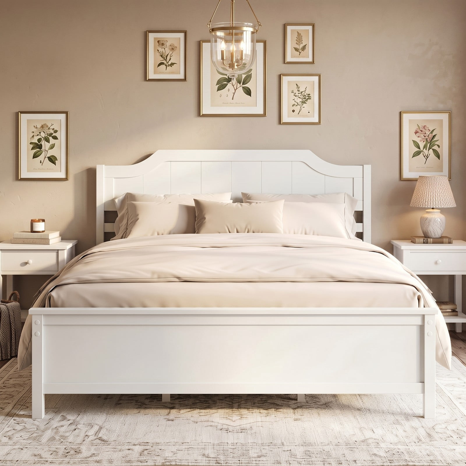 Furnibear Queen Size Bed Frame Solid Wood Platform Bed Frame with Curved Headboard and Footboard for Bedroom and Guest Room, White