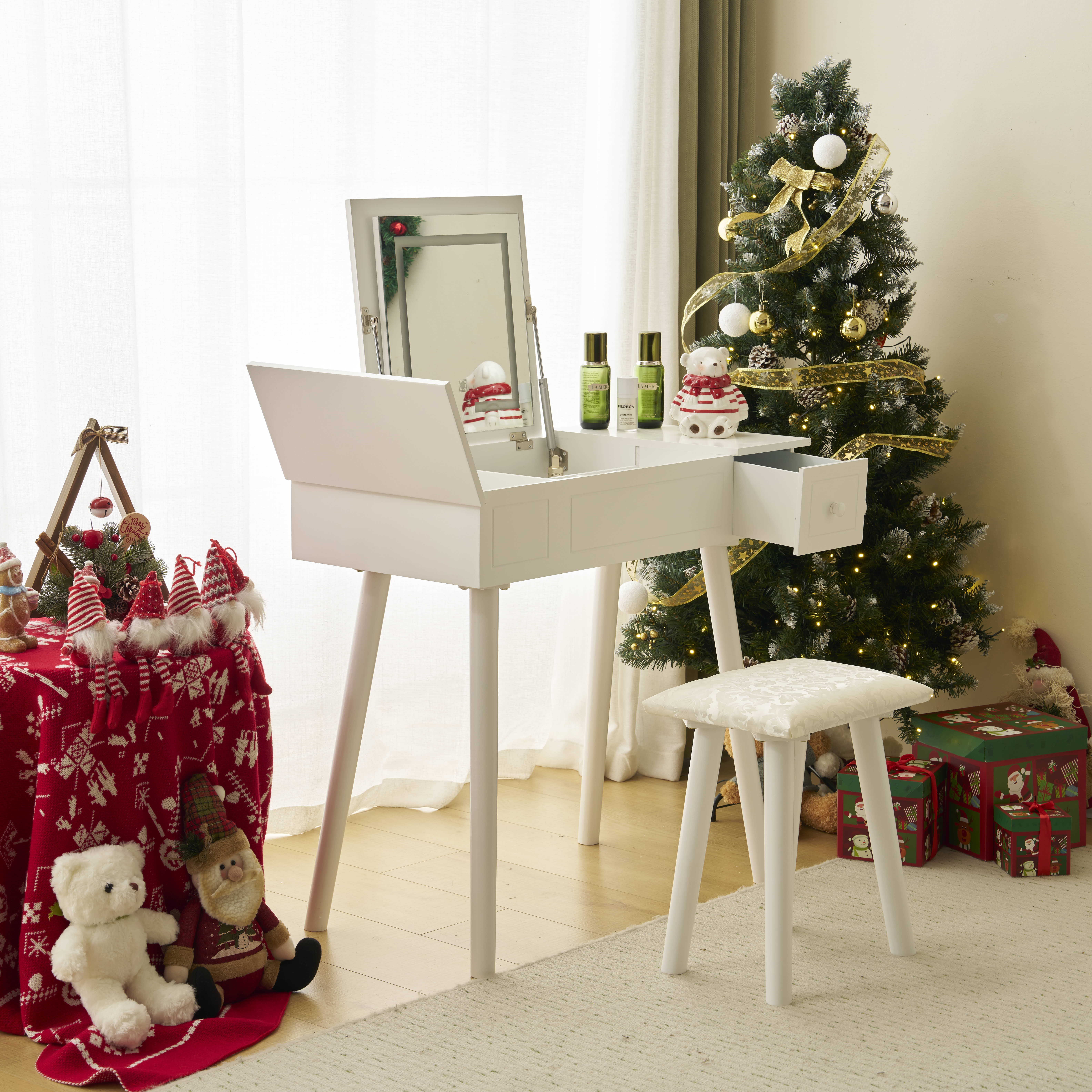 Ktaxon Lighted Makeup Vanity Table Set,Flip-top Mirror Dressing Table with LED Light, Writing Desk with Drawer and Stool, White