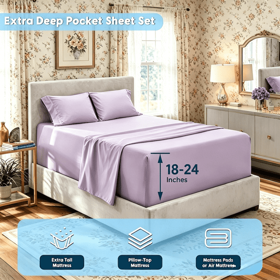 Extra Deep Pocket Sheet Sets Fit Mattresses Up To 18-24 Inches Made Of Ultra Soft Breathable Fabric