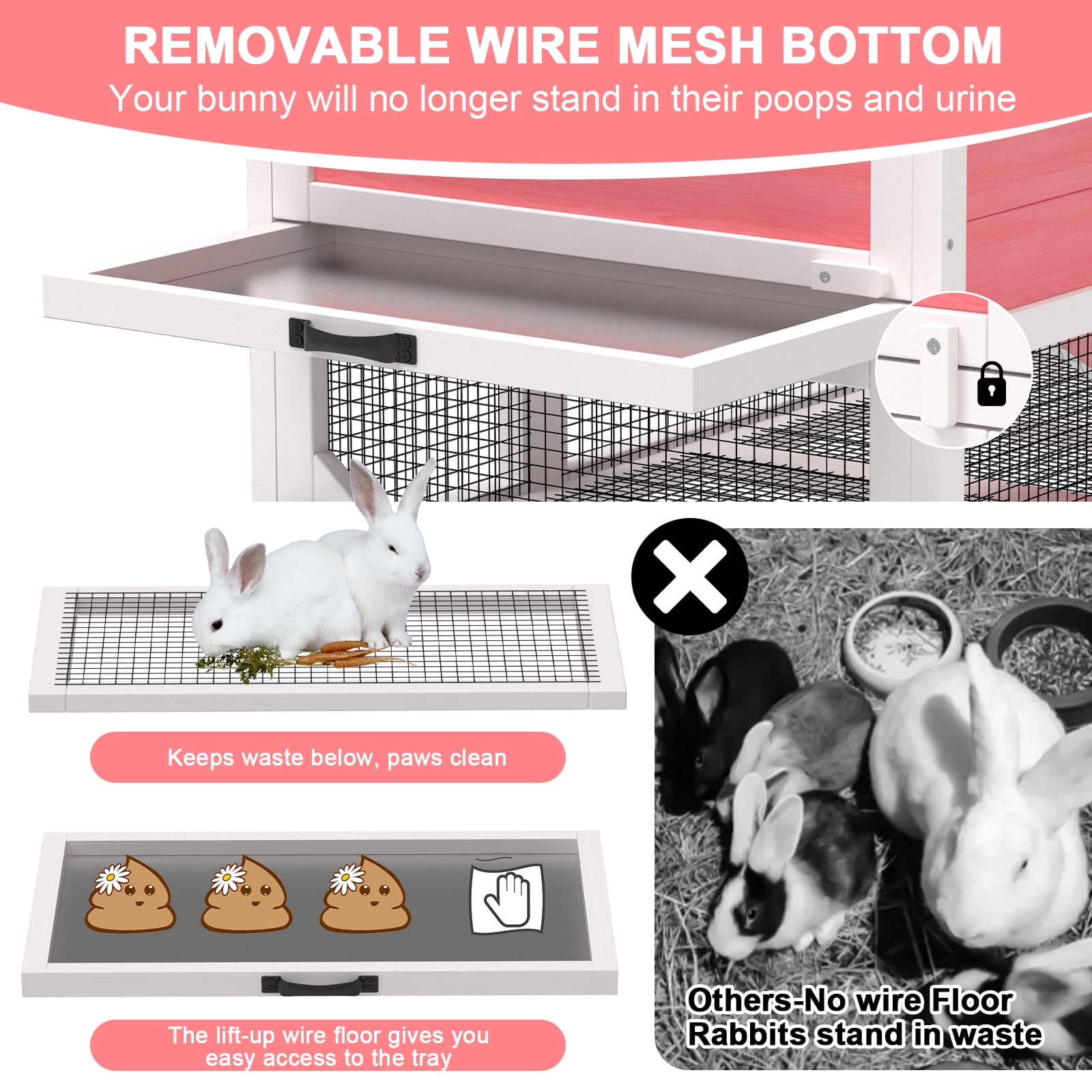 TIMHAKA 2-Story Rabbit Hutch, Wooden Bunny Cage w/ Chew-Proof Ramp & Wheels & Pull-Out Tray for Rabbits & Small Animals, White & Pink