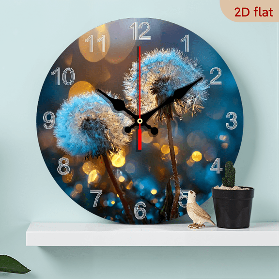 2D Flat 1pc 10Inch Wooden Dandelion Wall Clock with Sparkling Lights - Non-Ticking Silent Movement, Blue Night Light, Modern Minimalist Round Wooden Design for Living Room, Bedroom, Kitchen, Office