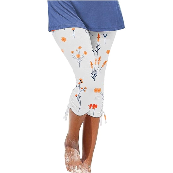 Bigersell Womens Capris Pants for Summer Floral Printed Lightweight Capris Cropped Pants Side Drawstring Elastic Waist Capris Pants Yoga Capris Leggings Beach Crop Pants Women's Capris Orange-S XL