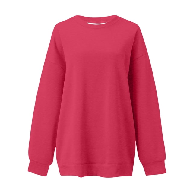 Womens Sweaters Oversized Fall Basic Solid Color Sweatshirt Crewneck Long Sleeve Casual Top Drop Shoulder Design Chandail Manche Longue Femme Hot Pink M