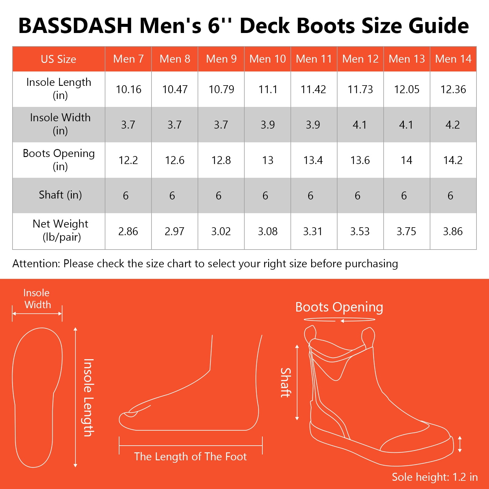 BASSDASH Men’s 6" Waterproof Deck Boots with Breathable Lining Anti-slip Neoprene Rubber Ankle Rain Boots for Fishing Boating