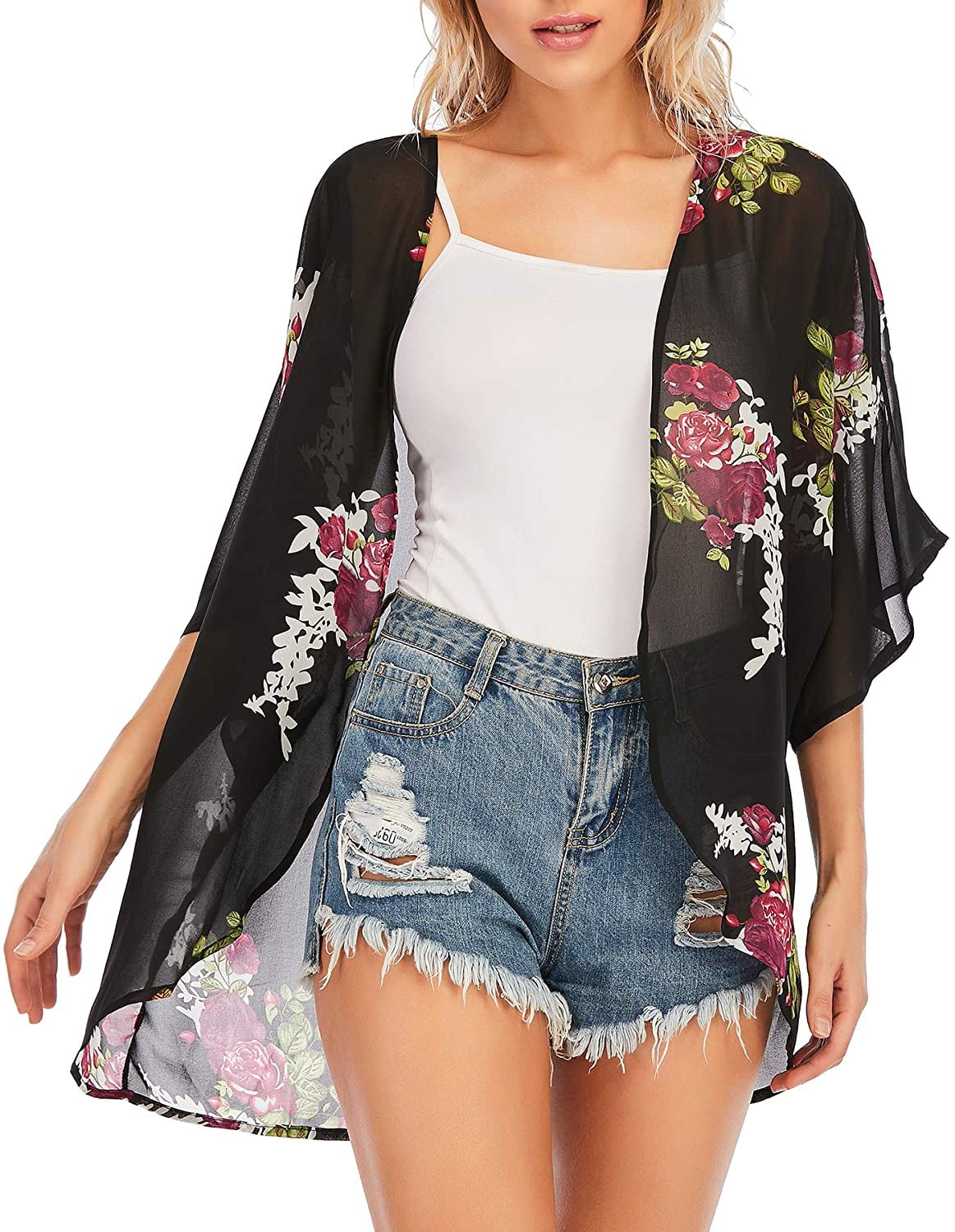 Zando Floral Plus Size Kimonos for Women Summer Short Sleeve Cardigan ...