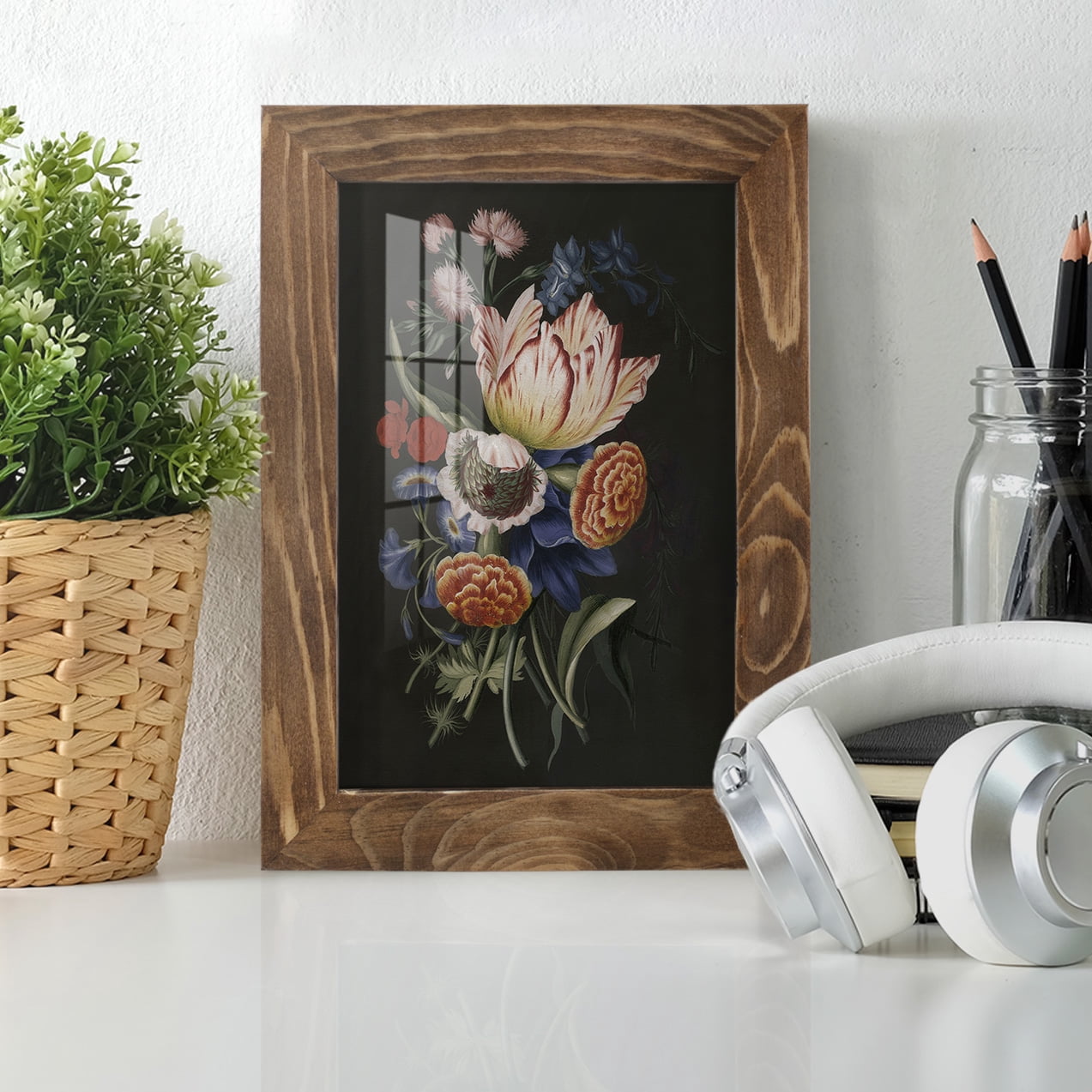 Dramatic Bouquet II -Framed Print w/glass-Walnut