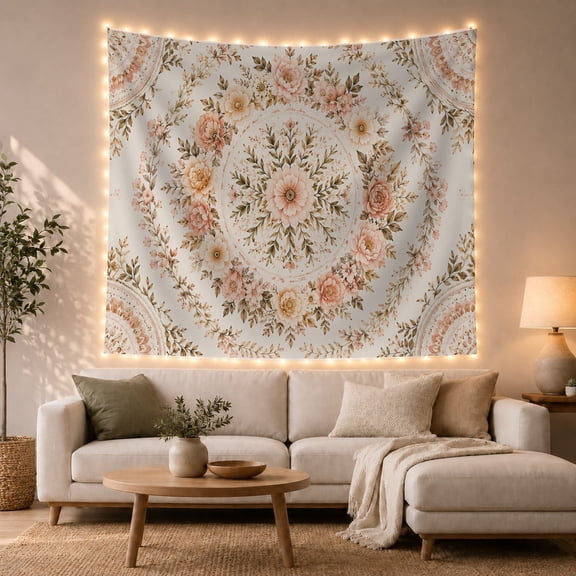 Symmetrical Floral Mandala on a Soft Grayish-Blue Background Serene Boho for Wall Art Lovers Botanical Wall Decor Housewarming Gift Tapestry Wall Hanging for Bedroom and Living Room