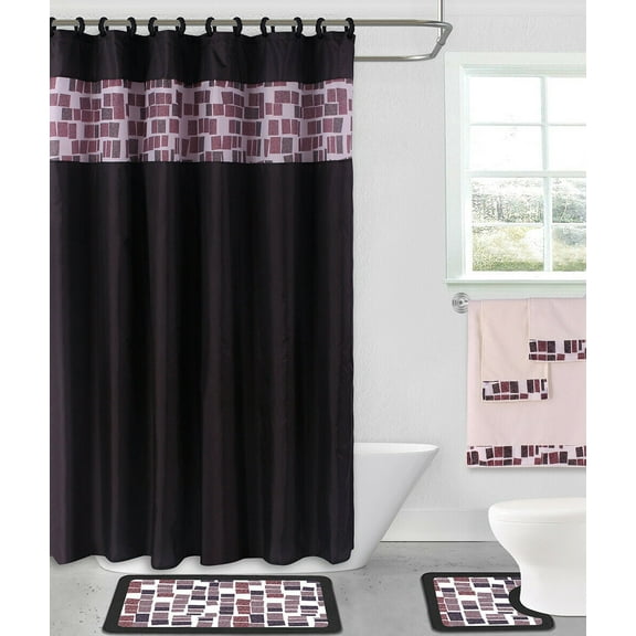 Mosaic Black 15-Piece Printed Bath in a Bag Set, Shower Curtain, Bath Rugs with Fabric-Covered Shower Hooks Included 