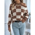 thumbnail image 2 of Women'S Color Block Checkered Off-Shoulder Long Sleeve Y2K Knitted Pullover Tops Vintage Sweater Coffee Color S, 2 of 8