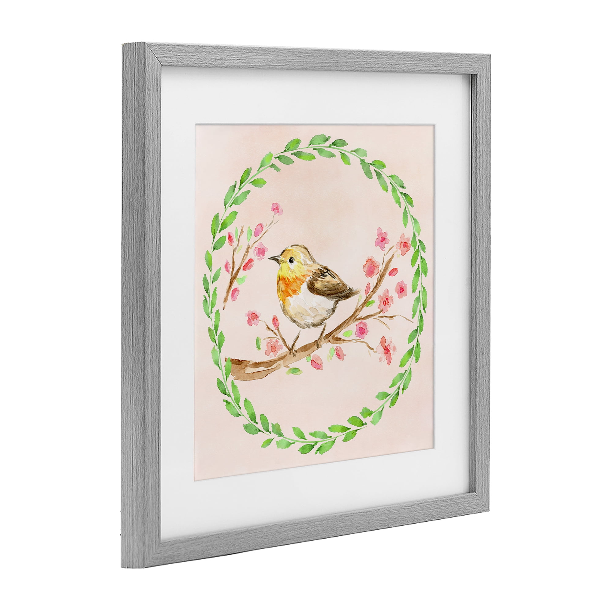Spring Wreaths Bird Gray Framed Print Under Glass, design by Elena Fay