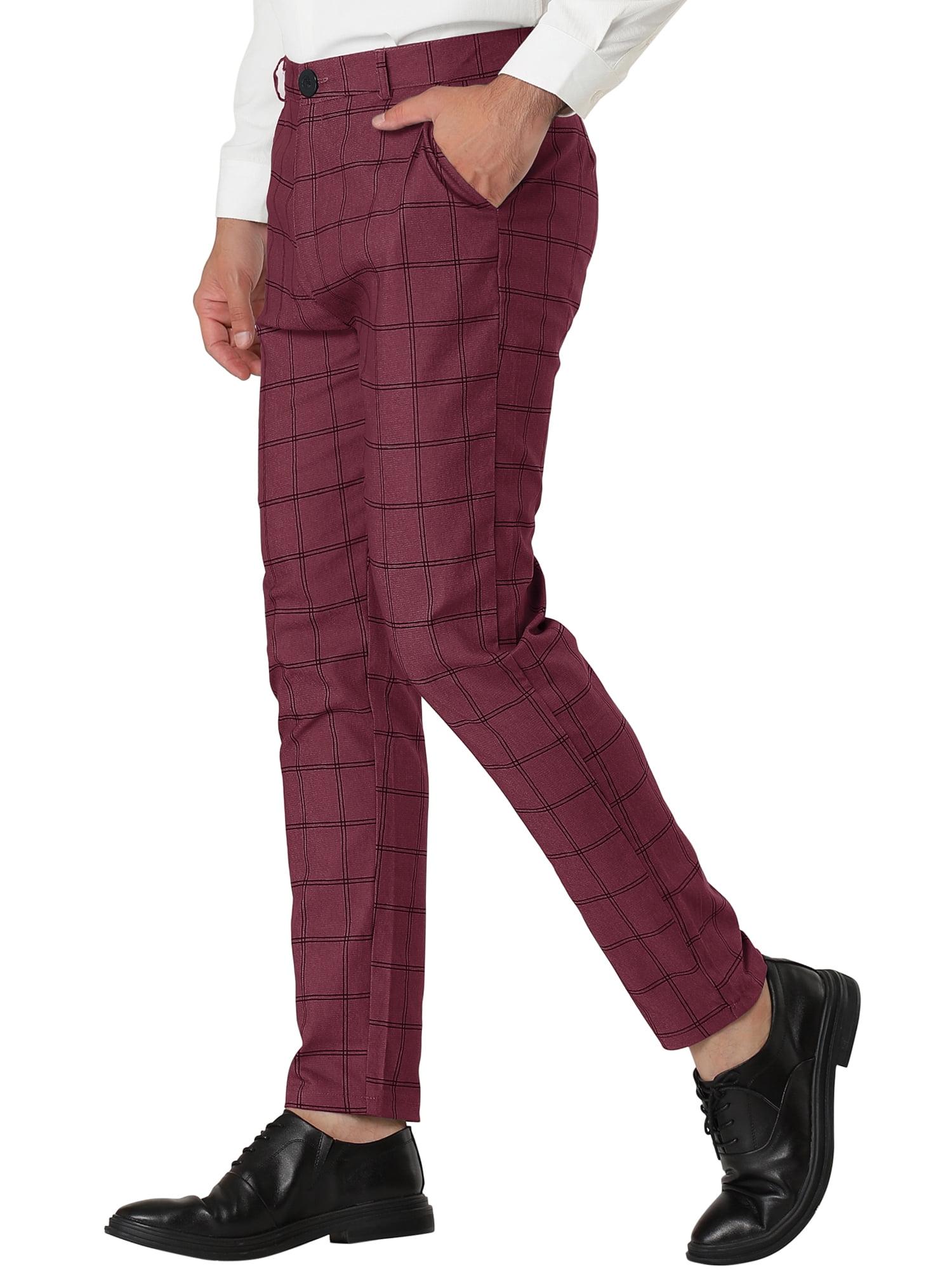 Unique Bargains Men's Slim Fit Plaid Business Pants Trousers with Pockets 32 Burgundy