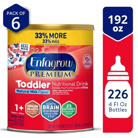 Enfagrow Premium Powder Toddler Nutritional Milk Drink, Supports Growth & Immune Health, Natural Milk Flavor, 32 Oz Can, 6 Count