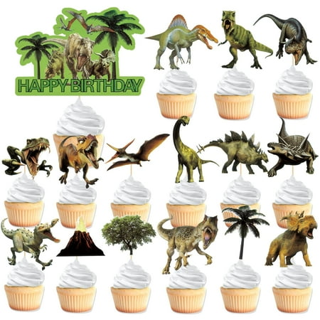 VARACL Dinosaur Cupcake PresNok Toppers Kit - 31PCS Realistic Dinosaur Birthday Decorations with Happy Birthday Banner, Dino Cake Topper Party Supplies for Kids Boys Girls Cake Decorations