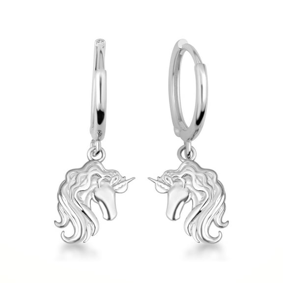 .925 Sterling Silver Unicorn Drop Huggie Hoop Earrings