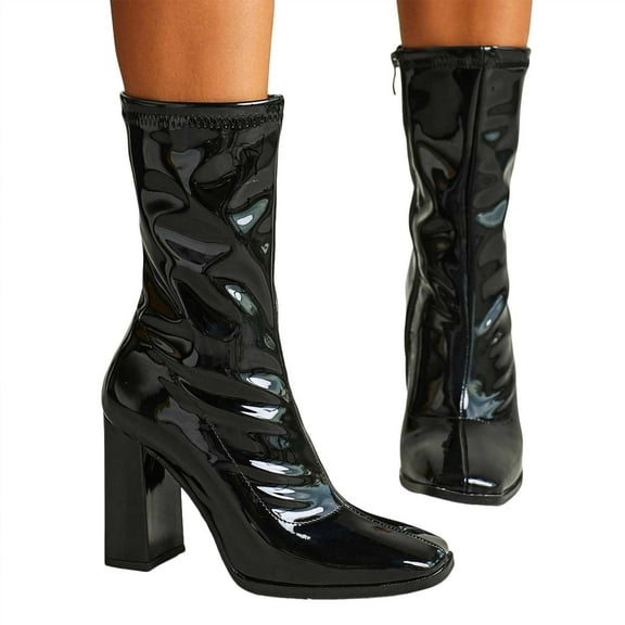 Mid Calf Dress Boots for Women 2025 Fashion Slouchy Black Patent Leather Square Toe High Heel Winter Fall Short Booties with Side Zipper