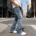 thumbnail image 2 of Men's Distressed Straight Leg Stretch Jeans: Relaxed Fit Denim with Ripped Details & Raw Hem | Comfort Flex Fabric, Standard Sizing, 2 of 7