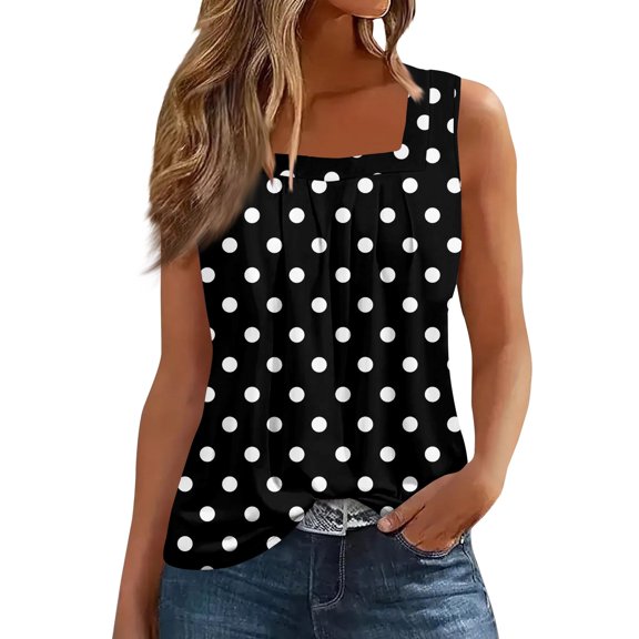 Women's Tank Tops Square Neck Pleated Front Camisole Tops for Women Polka Dot Print Loose Womens Summer Tops Casual Vacation L Black