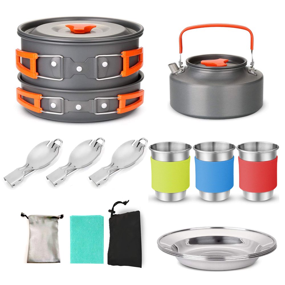 Camping Pan Pot Cookware Kit Camping Water Cup Spoon with Carry Bag for