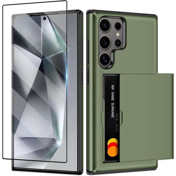 for Samsung Galaxy S24 Ultra Case with Screen Protector [Not-Yellowing] Samsung Galaxy S24 Ultra Phone Case Wallet Card Holder Shockproof Phone Case for Samsung S24 Ultra 6.8 inch Green