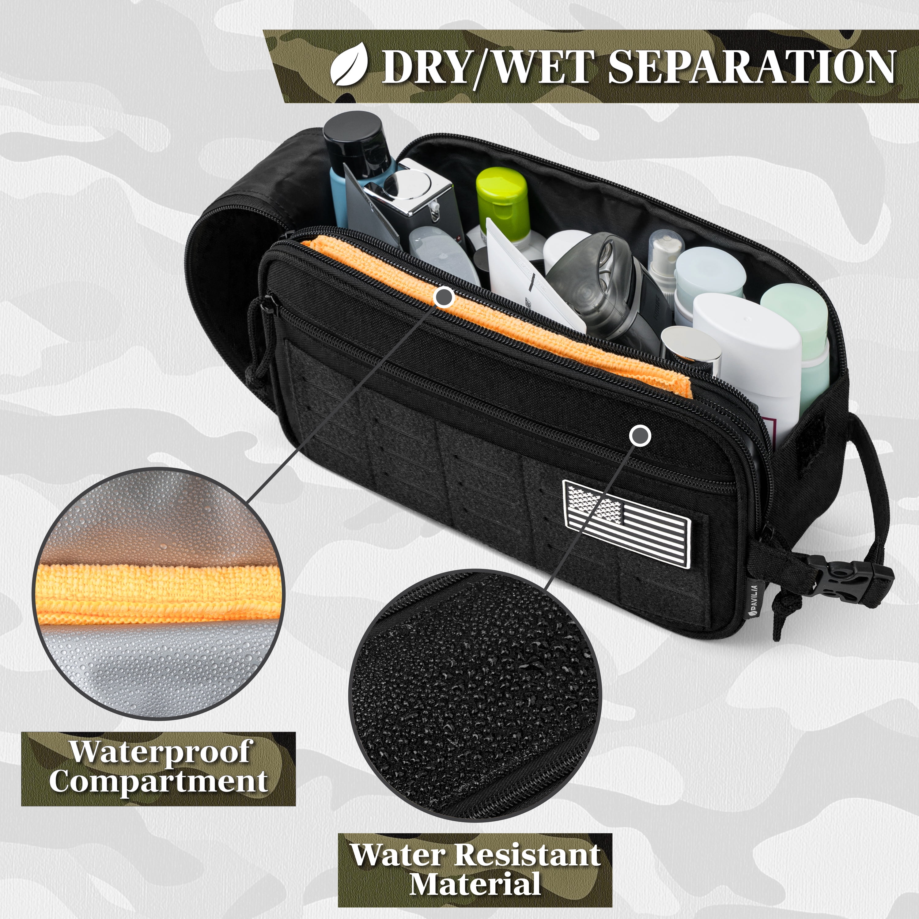 Pavilia Extra Large Tactical Toiletry Bag for Men, Hygiene Travel Bag, Military Dopp Kit, Water Resistant Molle Pouch, Mens Shaving Grooming Essentials, Bathroom Shower Small Organizer Case, Black