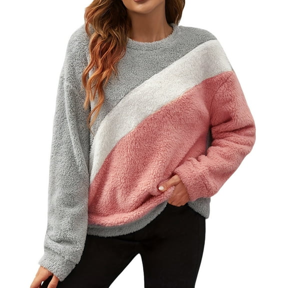 Color Block Crewneck Fleece Sweatshirt for Women Winter Warm Pullover Loose Long Sleeve Pulsh Tunic Tops Lounge Shirts Pink L