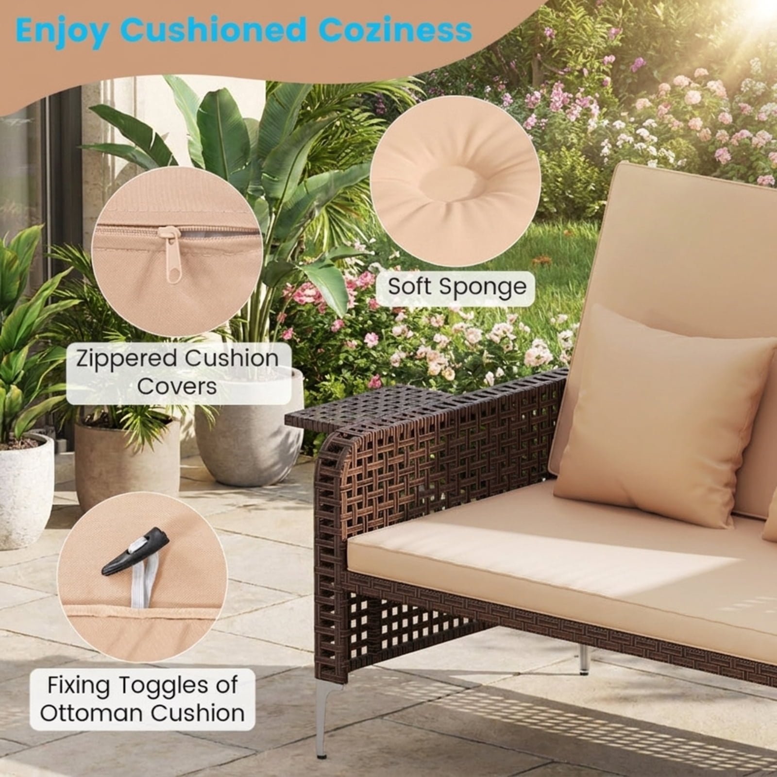 Furnibear 2 Piece Patio Rattan Daybed Outdoor Wicker Loveseat and Ottoman Set with Adjustable Backrest and Cushions for Garden Poolside Backyard, Brown