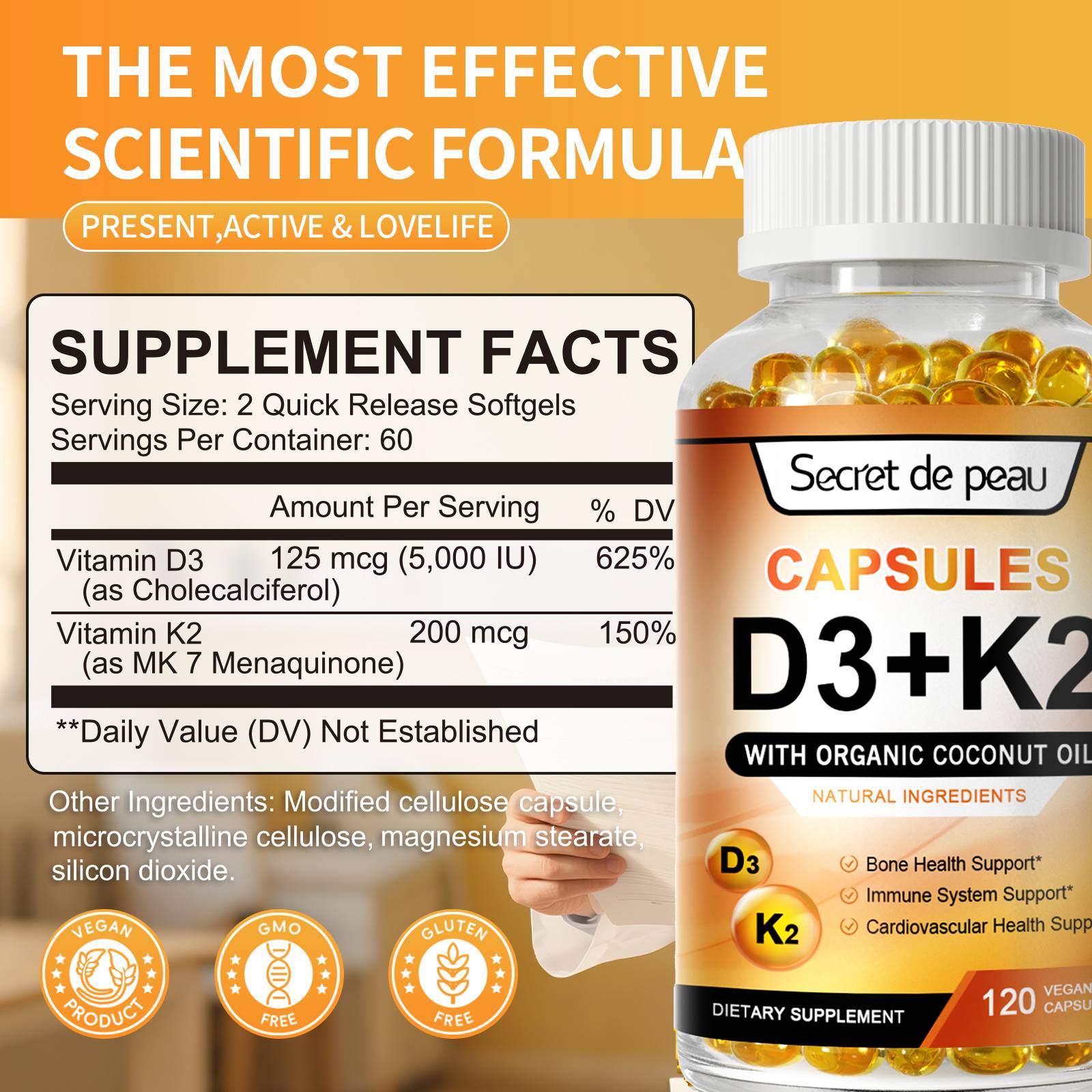 Secret De Peau Vitamin D3 + K2 5000 IU, 120 Capsules photo 2