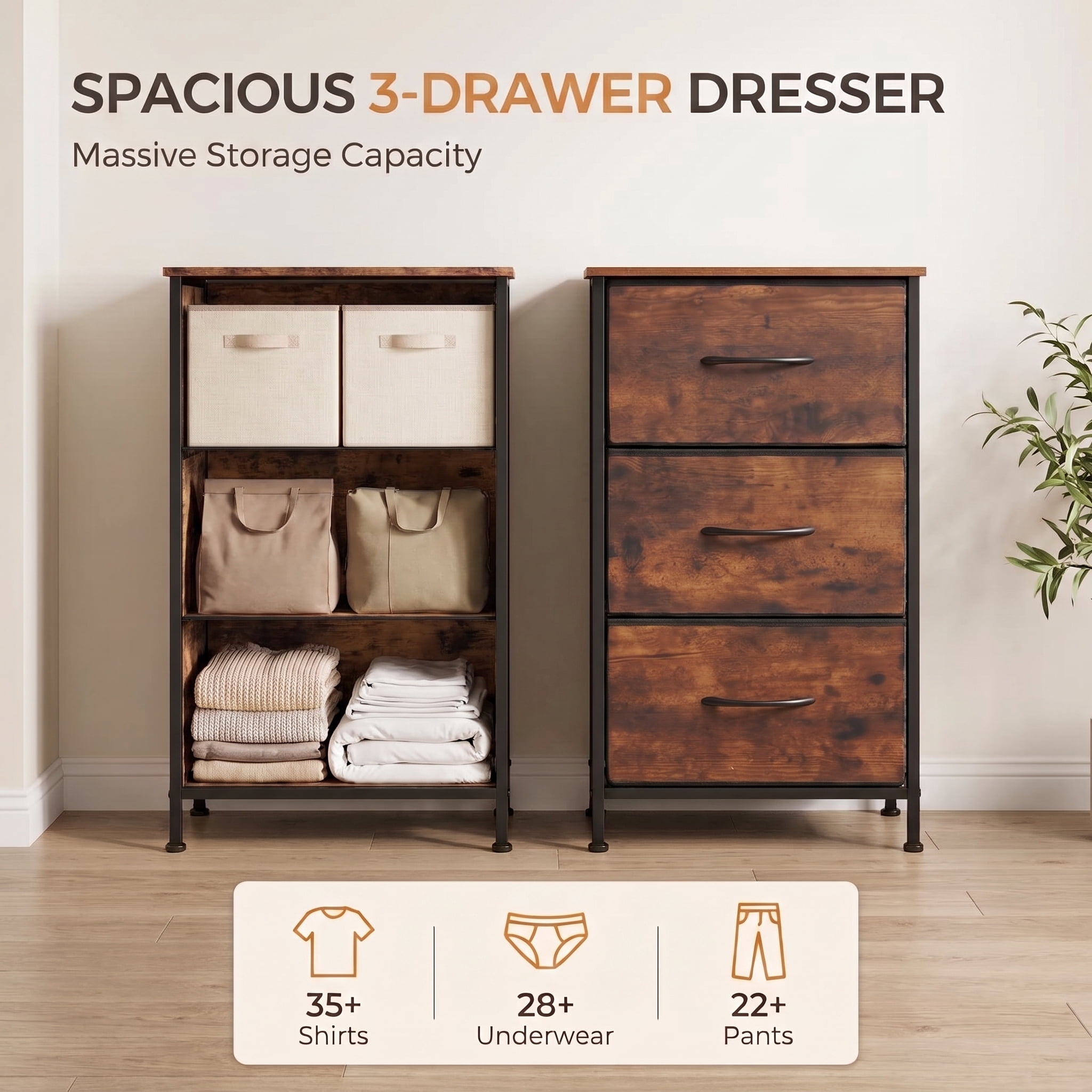 TrumanPick Fabric Storage Drawer Bedroom Dresser, Fabric Dresser for Closet, 3 Fabric Dresser with 3 Storage Drawers for Clothes, Living Room, Hallway, Entryway, Rust