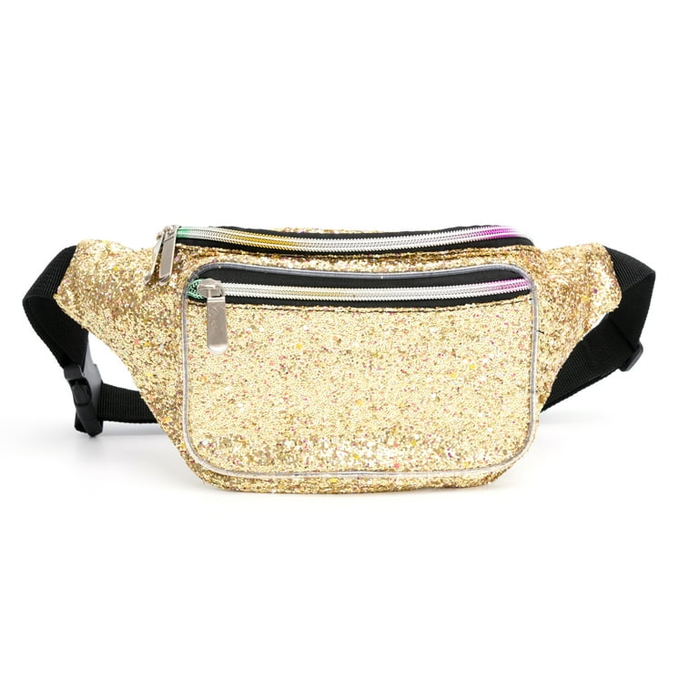 C.T.Soarsky Belt Bags for Women Rave Glitter Fanny Pack Grils Festival Waist Bags Gold Gravel