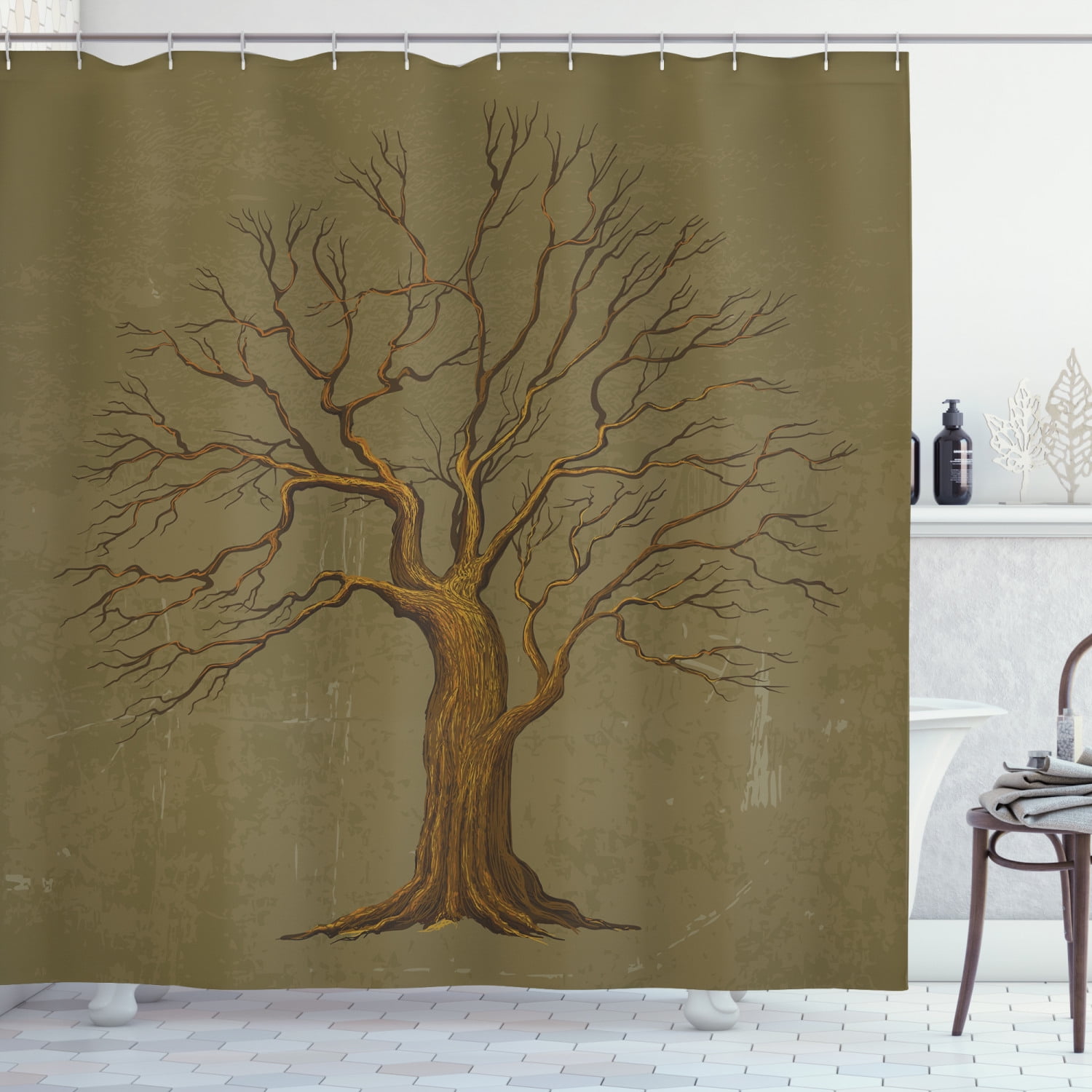 Tree Shower Curtain, Illustration of A Big Tree on Antique Old Paper