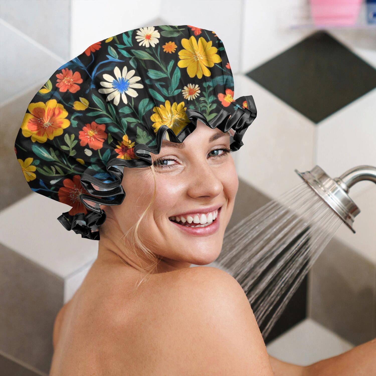 Shower Caps,Pioneer Flower Floral Print Pattern Waterproof Shower Cap for Women 4 Pieces,Double Reusable Hair Cover for Shower PEVA Elastic Stretch Hem