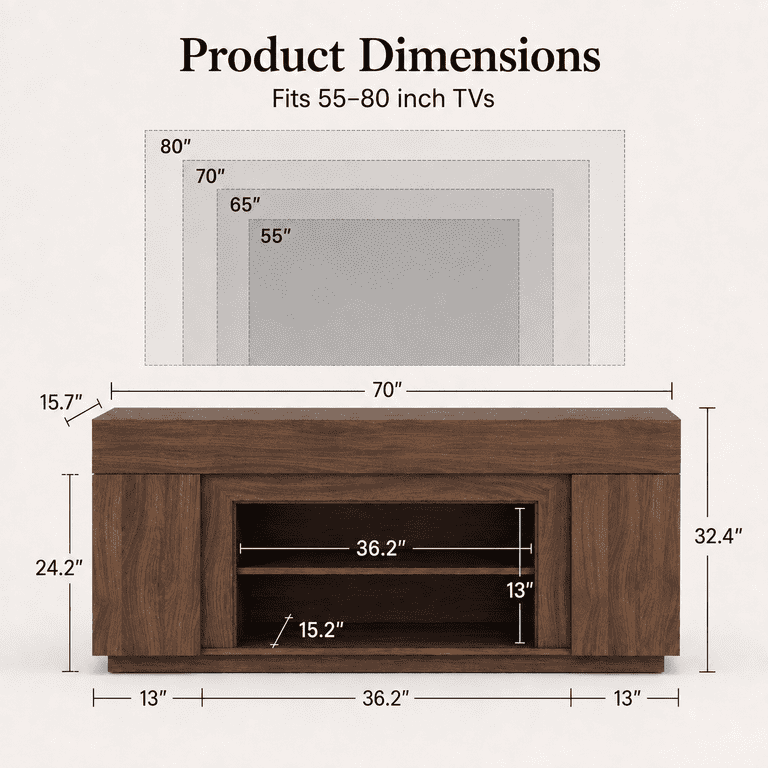 Lacoo 70-Inch TV Stand for 55-80 Inch TVs, Modern Entertainment Center with Storage Cabinets and Adjustable Shelves, Media Console for Living Room, Walnut
